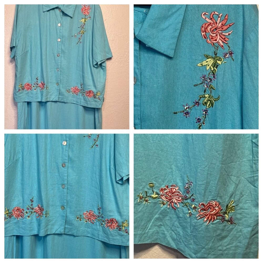 VINTAGE Ultra Dress Size 18W Blue Embroidered Floral Two-Piece Linen/Rayon Set - Picture 9 of 16